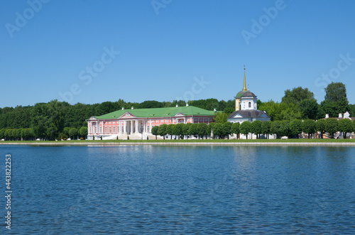 Moscow, Russia - June 17, 2021: Summer view of the Kuskovo estate and the Large Palace Pond 