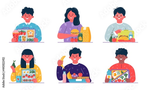 Boys and girls having breakfast or lunch meals. Kids, people eating, drinking diverse food, drinks. Children school lunch boxes with meal, hamburger, sandwich, juice, snacks, fruit, vegetables.Vector