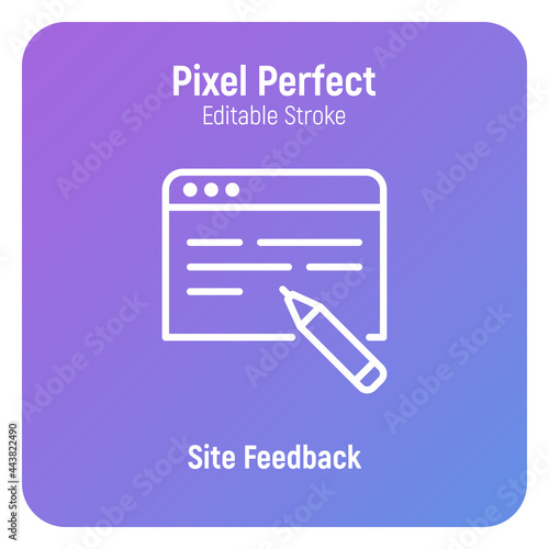Online feedback, review on web site thin line icon. Pixel perfect, editable stroke. Vector illustration.