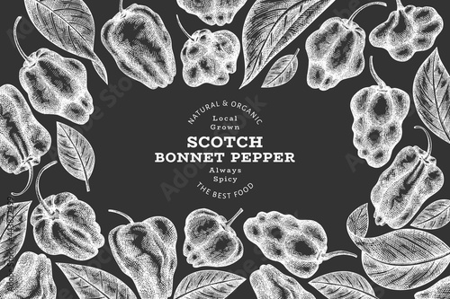 Hand drawn sketch style scotch bonnet pepper banner. Organic fresh vegetable vector illustration on chalk board. Retro cayenne pepper design template