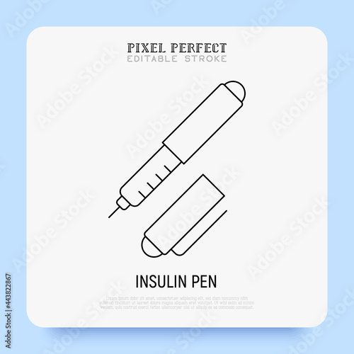 Insulin pen thin line icon. Portable diabetes treatment. Medical equipment. Pixel perfect, editable stroke. Vector illustration.