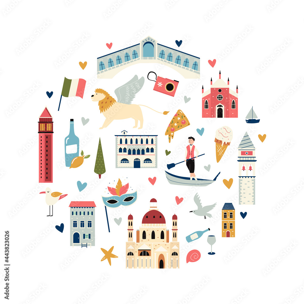 Tourist abstract circle design with famous destinations and landmarks of Venice.