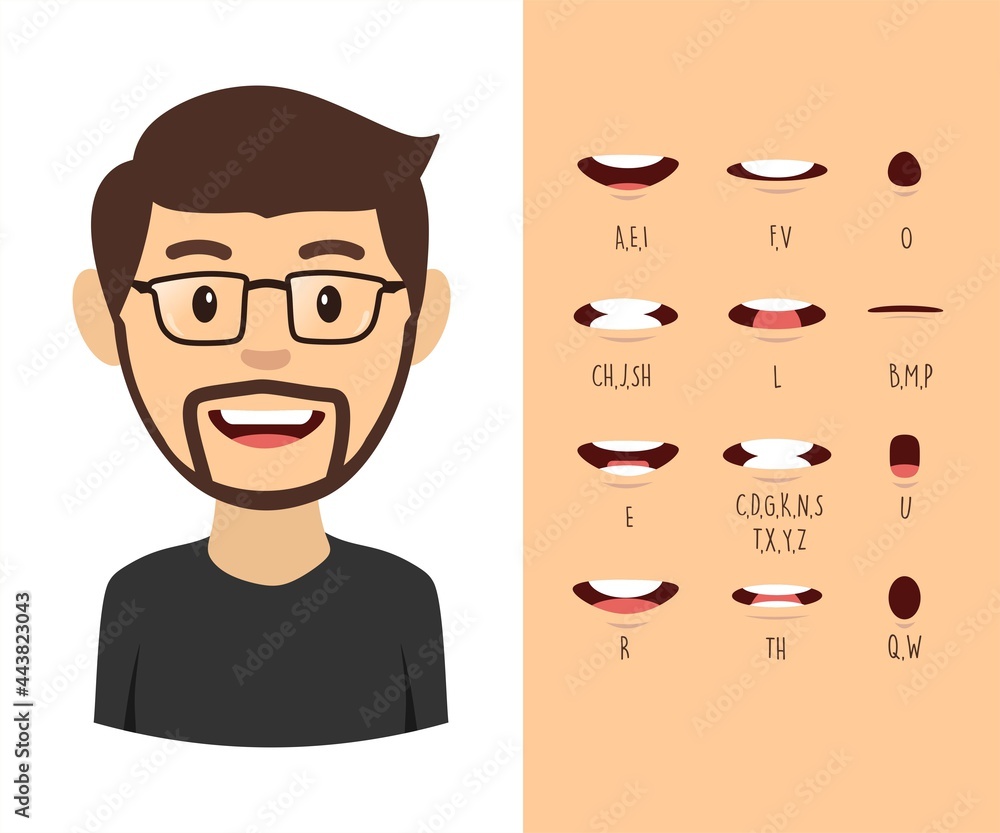 Vettoriale Stock Male mouth animation. Phoneme mouth chart. Alphabet  pronunciation. Vector illustration | Adobe Stock