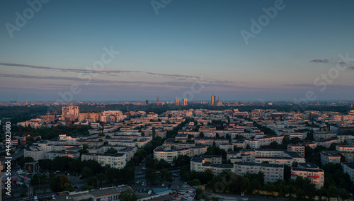 Sunrise over the north part of Bucharest Romania in the new area with tall office buildings