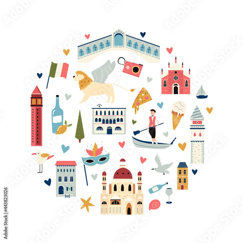 Tourist abstract circle design with famous destinations and landmarks of Venice.