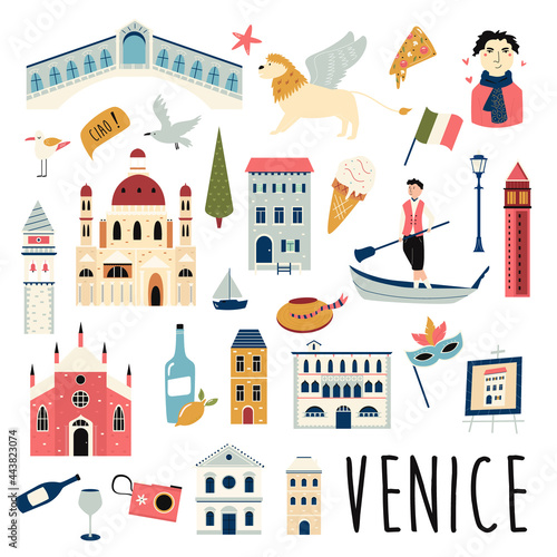 Set of famous symbols and landmarks of Venice. Vector bright set.