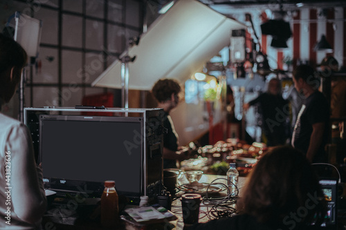 Film set, monitors and modern shooting equipment.