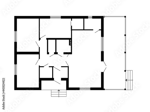 Black and White architectural plan of a house. Layout of the apartments in the drawing view. With kitchen and toilet, living room and two bedrooms. House vector design.