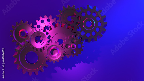 Gears and gear mechanisms in neon lighting. The concept of high-tech digital technologies and engineering. Abstract technical reference. 3D Render © Kler