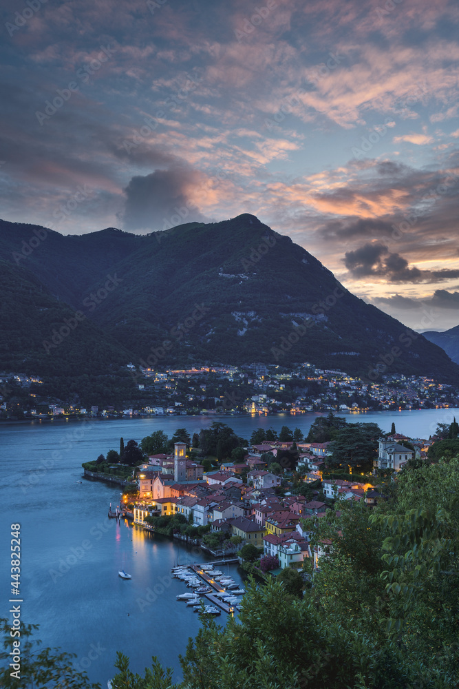 High point of view of Torno and lake Como in Italy in a beautiful summer day during sunset