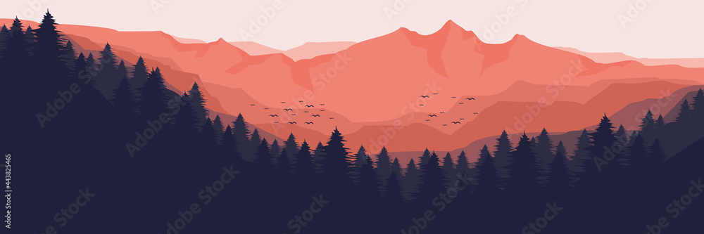sunrise over the mountain forest landscape flat design vector ...