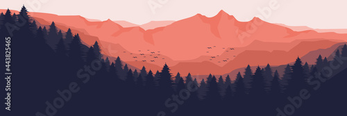 sunrise over the mountain forest landscape flat design vector illustration for wallpaper, background, backdrop design, template design and tourism design template