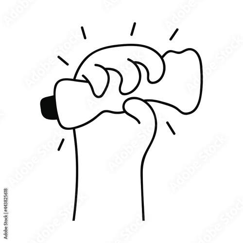 No to plastic. Human hand squeeze plastic bottle. Outline illustration on white background. 