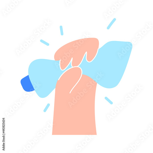 Human hand squeeze plastic bottle. Hand drawn illustration on white background. 