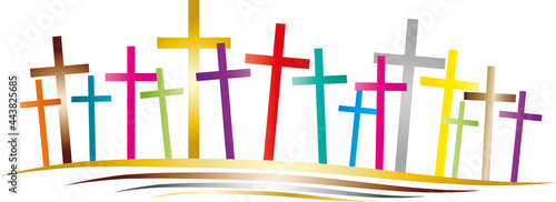 Banner mit Kreuzen als Symbol der Christentums, Einladung zur Konfirmation und Firmung, kirchliche Feierlichkeiten, junge Gemeinde
