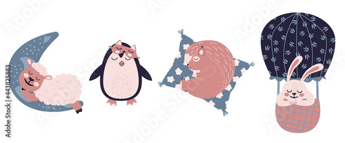 Sweet Dreams set with cute sheep on the moon, spuirrel on a pillow, penguin in sleep mask and bunny on tne balloon. Vector flat good nignt concepts, isolated on a white background