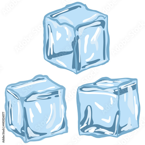 Set of isolated vector image of three realistic translucent ice cubes of blue color. Flat concept of ice cube for package, wrapping paper, app, web