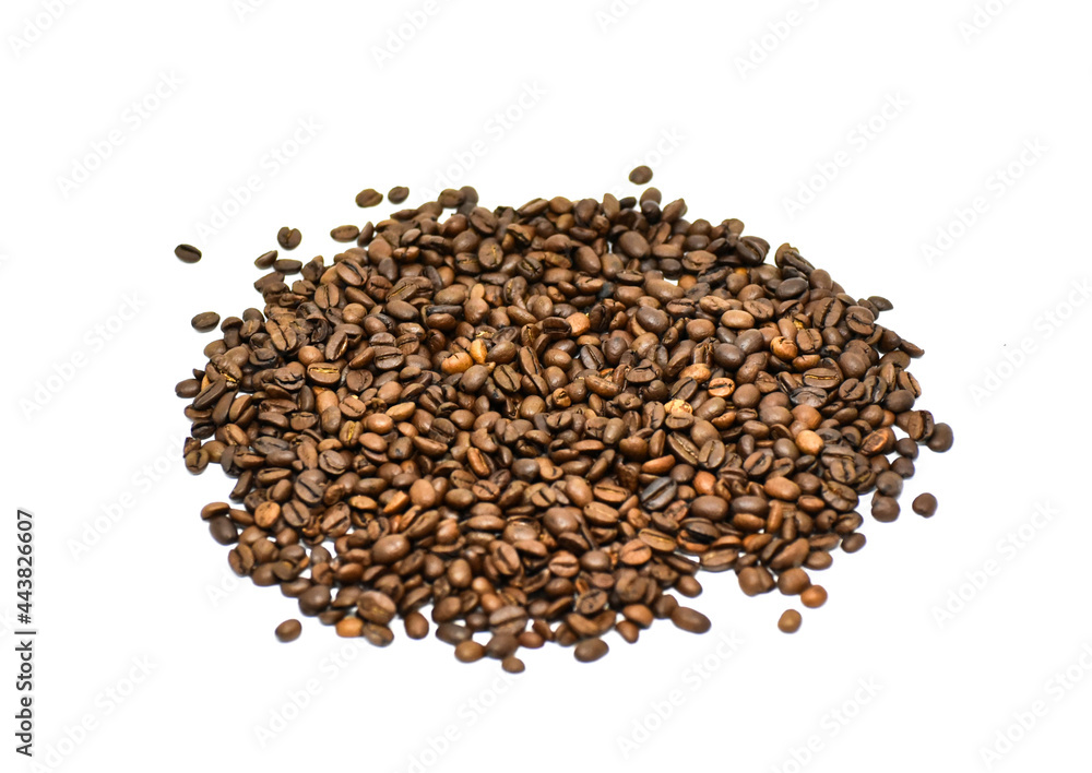 Roosted coffe beans on white background, photo for banners and typography Roosted coffe beans on white background, photo for banners and typography