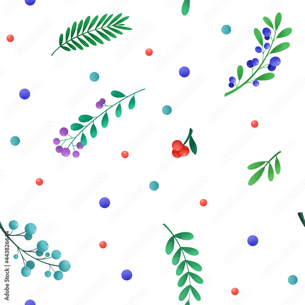 Natural seamless pattern. Leaves, branches and berries of different plants