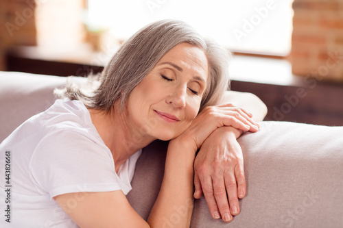Portrait of attractive dreamy calm grey-haired woman granny sitting on divan resting free time at home house flat indoors