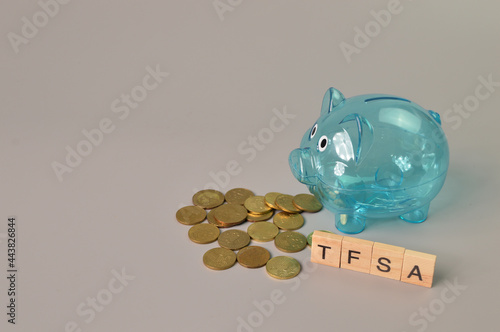 Piggy bank, stack of coins and wooden blocks with text TFSA stands for Tax-Free Savings Account. photo