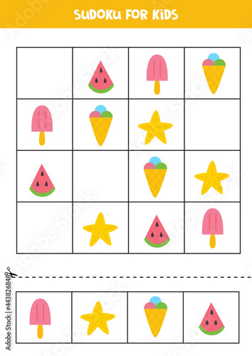 Sudoku game for kids with cute cartoon summer pictures.