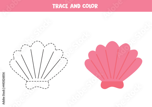 Trace and color cartoon pink seashell. Worksheet for kids.