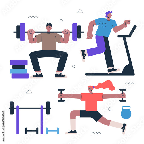 Healthy lifestyle fitness and street workout sports exercises concept. Persons squat with barbell, running on treadmill and morning warm-up with dumbbells. Cardio gym and work-out vector illustration