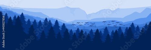 morning mountain forest landscape flat design vector illustration for wallpaper, backdrop design, tourism design template and background template