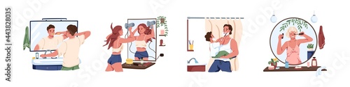 Set of people looking at mirror reflections in bathroom during daily hygiene routines. Men and women caring teeth, hair, doing makeup and shaving. Flat vector illustration isolated on white background