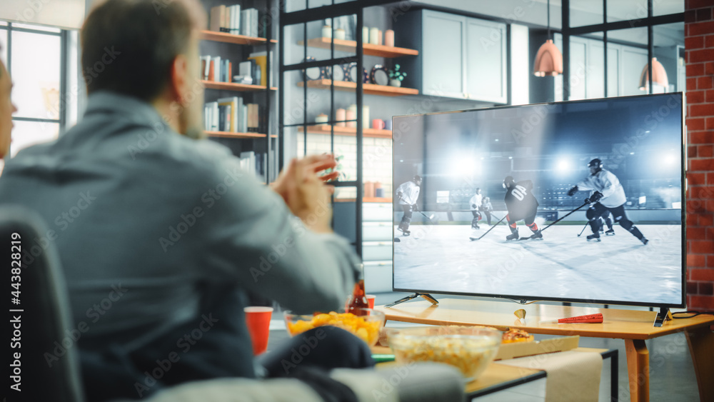 At Home Ice Hockey Fans Sitting on a Couch Watch Game on TV, Cheer when Favourtite Sports Team to Win the Championship. Screen Shows Professional Players During World Cup. Over the Shoulder