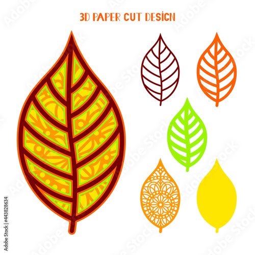 3D Leaf. Multi layered vector paper template. Flat style. Isolated on white background. Autumn leaf with mandala pattern. Decorative element for card, wall art.