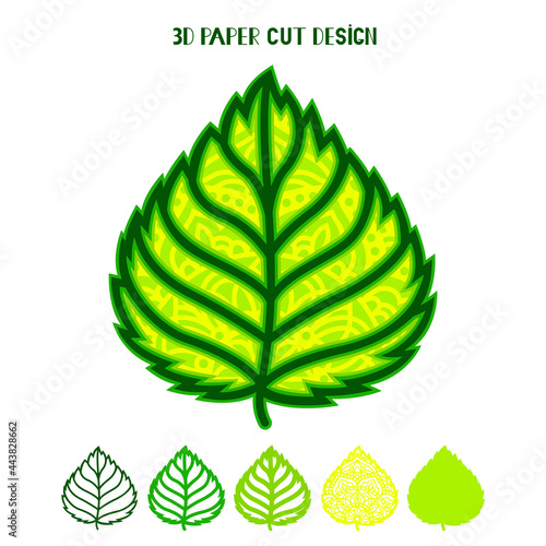 3D Leaf. Multi layered vector paper template. Flat style. Isolated on white background. Autumn leaf with mandala pattern. Decorative element for card, wall art.