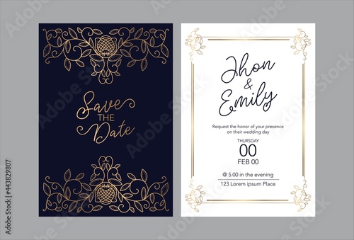 Wedding invitation cards baroque style gold. Vintage Pattern. Retro Victorian ornament. Frame with flowers elements. Vector illustration. - Vector	
