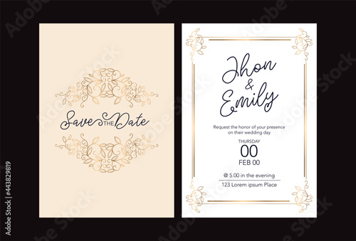 Wedding invitation cards baroque style gold. Vintage Pattern. Retro Victorian ornament. Frame with flowers elements. Vector illustration. - Vector 