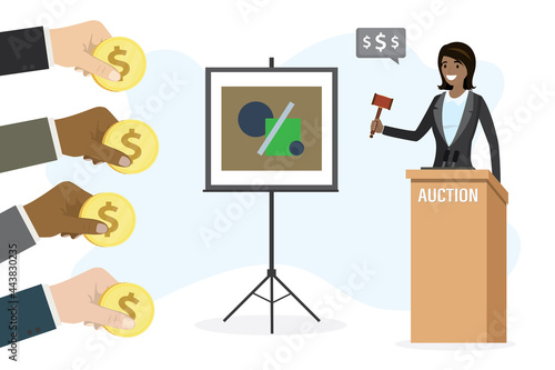 Auction, concept banner. Female auctioneer sells artworks. Woman trader holding auction hammer. Various buyers hands gives dollar coins.