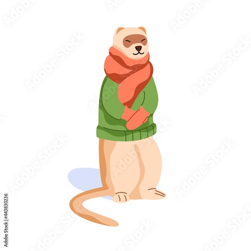 Cute ferret wearing warm clothes. Funny weasel standing in scarf, sweater and mittens in cold weather. Northern mink animal. Flat cartoon vector illustration isolated on white background.