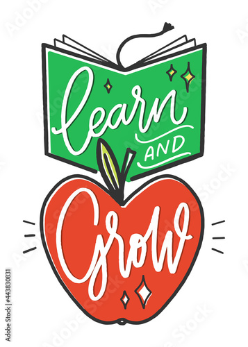 Back to school card vector design. Learn and grow short lettering quote for kid or young student. Colourful red apple and green book images.