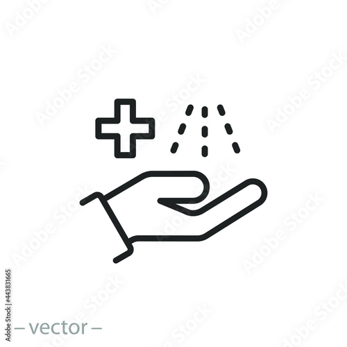 automatic sanitizer icon, hand disinfection, antibacterial dispenser stand, alcohol gel or spray, sanitary antiseptic, soap, liquid washing, thin line symbol - editable stroke vector illustration