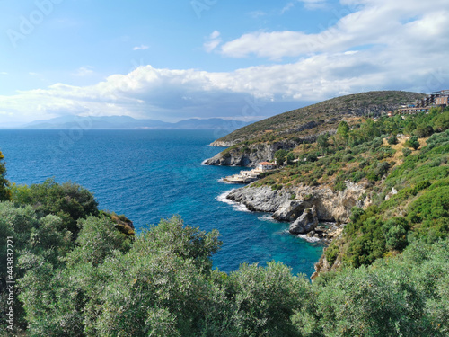 Panoramic views of the picturesque landscape with cliffs, blue Aegean sea and greenery. Turkey, Kusadasi. Europe.