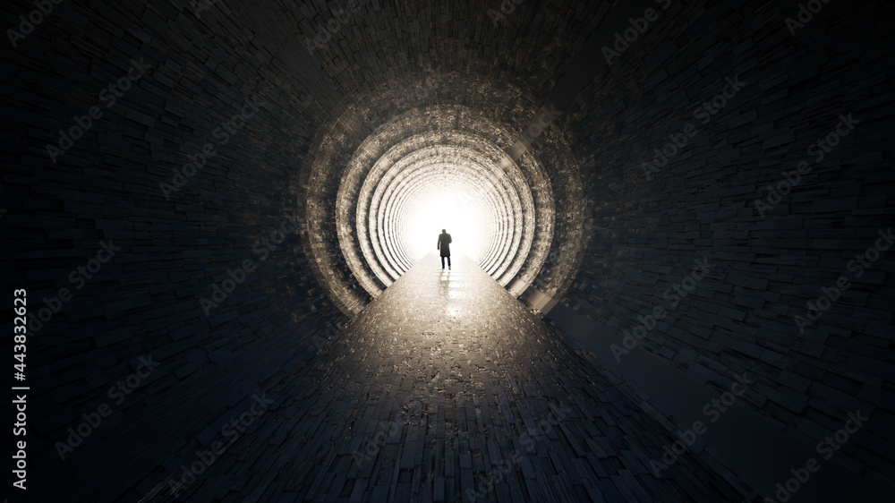 Concept or conceptual dark tunnel with a bright light at the end or exit as metaphor to success, faith, future or hope, a black silhouette of walking man to new opportunity or freedom 3d illustration - obrazy, fototapety, plakaty 