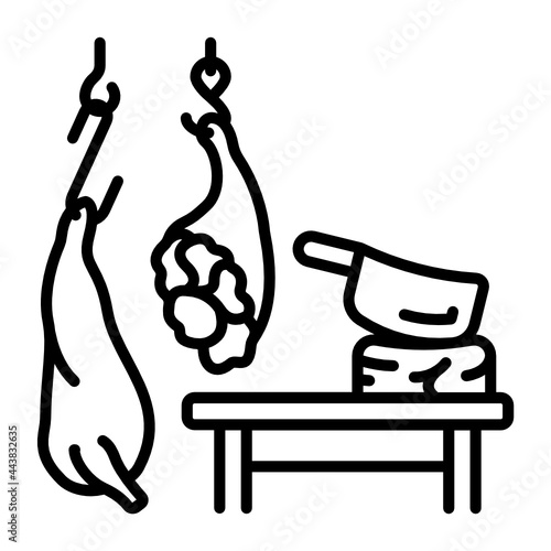 Lamb Carcass Hang From Iron Hooks Concept, Butcher Shop with Knife Vector Icon Design, Eid al-Adha or Eid-ul-Kabir Symbol, Hajj Sign, Muslims religious Festival Stock illustration