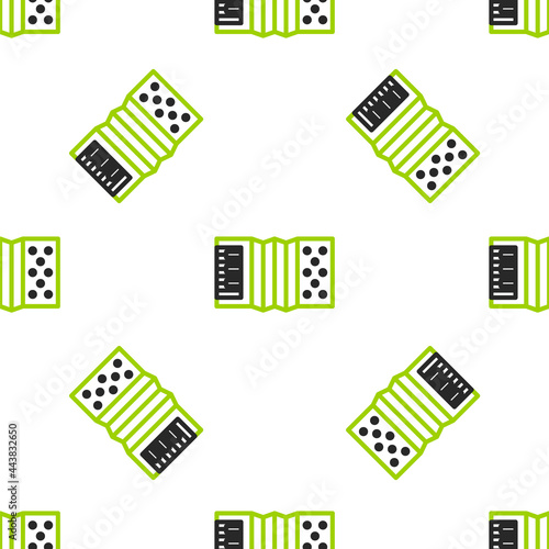 Line Musical instrument accordion icon isolated seamless pattern on white background. Classical bayan, harmonic. Vector