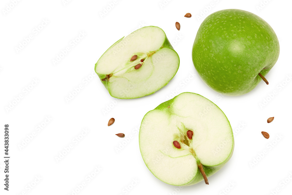 green apple with slices isolated on a white background. top view. clipping path