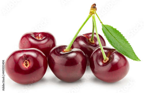 red cherry fruit with green leaf isolated on white background. clipping path
