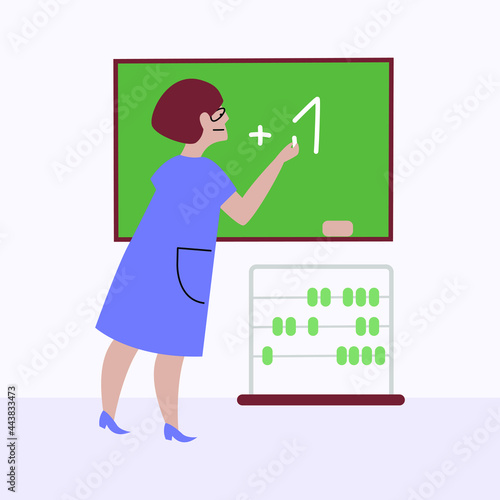 Illustration in a simple flat style. An elderly math teacher writes with chalk on a blackboard. The woman has white skin, short hair, wears a dress, glasses, medium heels.