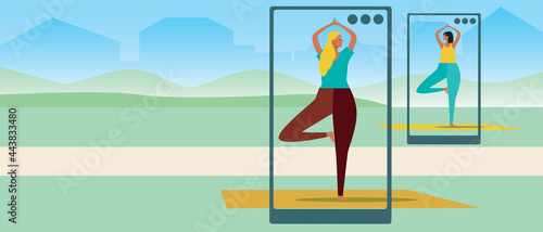 Online yoga class, copy space template, flat vector stock illustration with women doing yoga asanas and phone for video