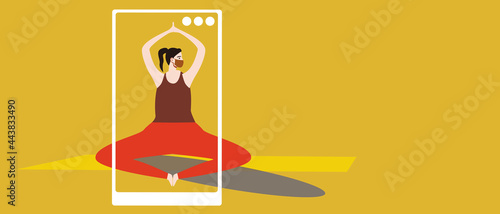 Online yoga classes in lokdun, copy space template, flat vector stock illustration with young woman with yoga asana online and phone