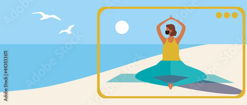 Yoga blog training, copy space template, flat vector stock illustration with woman meditating online or yoga blogger at sea