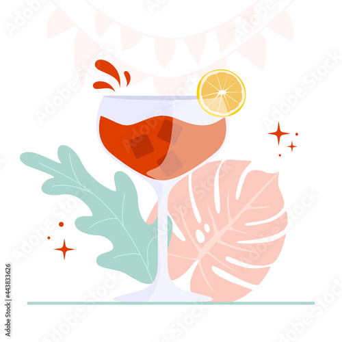 Aperol orange syringe with ice cubes and orange slice in flat style isolated.